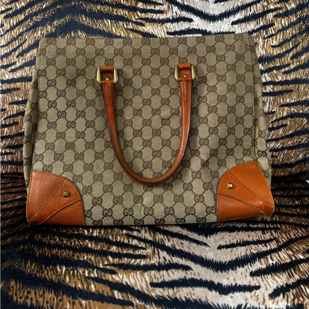Authentic Gucci GG Canvas Tote Bag with Brown Leather Trim and Handles